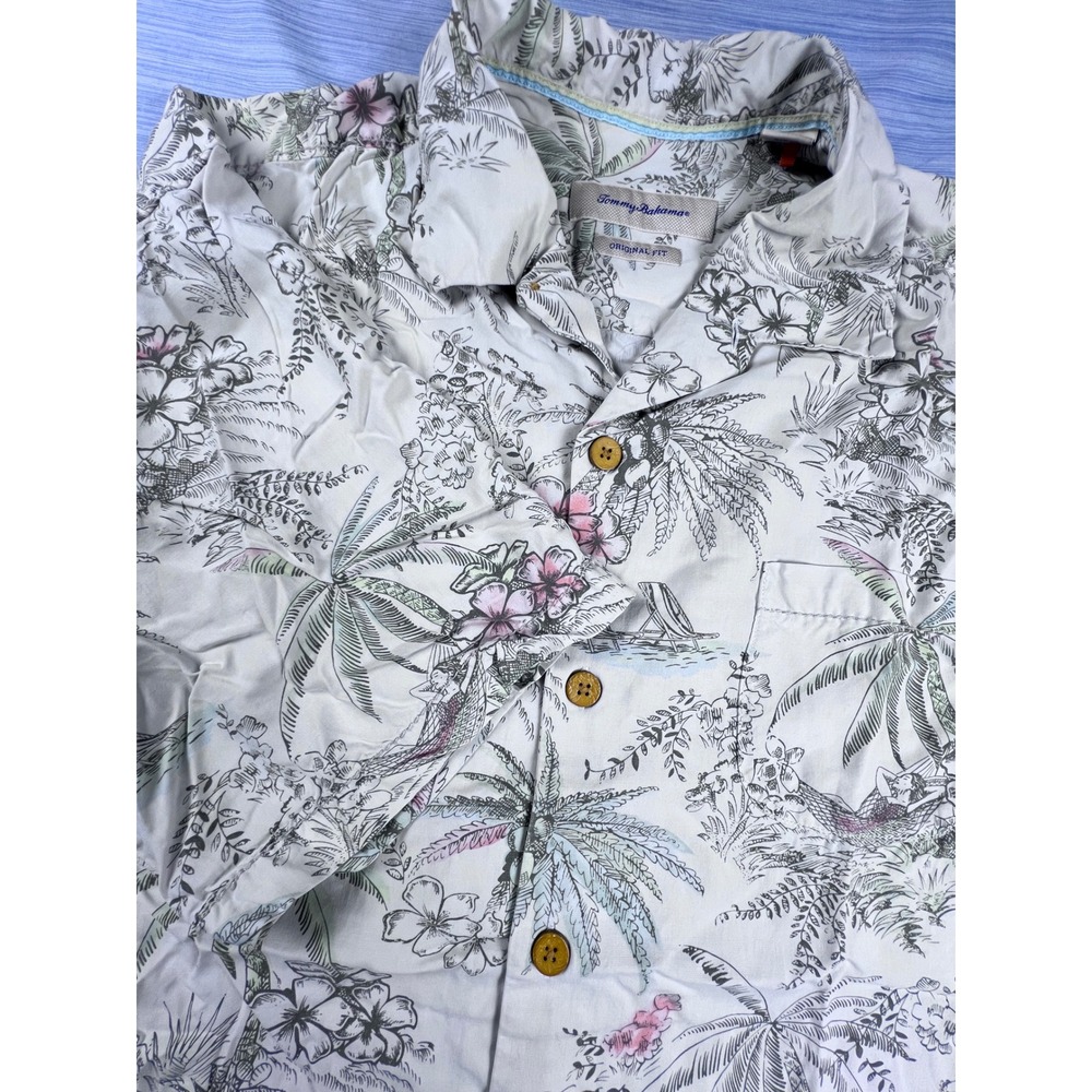 Tommy Bahama Mens XL Silk Tropical Palm Tree Floral Camp Shirt Gray Original Fit